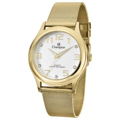 Imagem de Relógio Feminino Dourado com Fundo Branco Analógico de Pulso Movimento Quartzo Delicado Luxo Elegante Fashion Kit com Colar e Brincos Champion