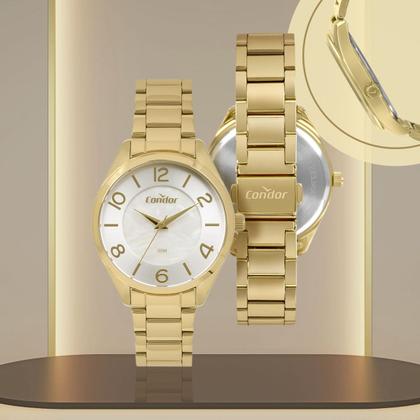 Imagem de Relógio Feminino Dourado de Pulso com Pulseira e Caixa em Aço Inoxidável Luxo Elegante Fashion com Kit Colar e Brincos Condor