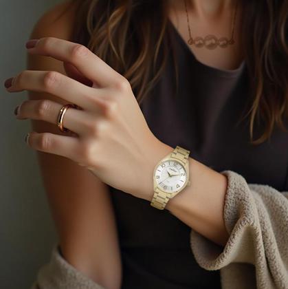 Imagem de Relógio Feminino Dourado de Pulso com Pulseira e Caixa em Aço Inoxidável Luxo Elegante Fashion com Kit Colar e Brincos Condor