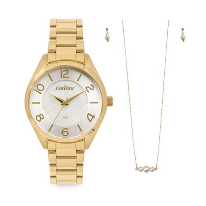 Imagem de Relógio Feminino Dourado de Pulso com Pulseira e Caixa em Aço Inoxidável Luxo Elegante Fashion com Kit Colar e Brincos Condor