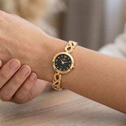 Imagem de Relógio Feminino Dourado e Preto com Caixa e Pulseira de Aço Inoxidável à Prova D Água com Aplicação de Cristais Pequeno Luxo Fashion Condor