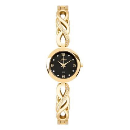 Imagem de Relógio Feminino Dourado e Preto com Caixa e Pulseira de Aço Inoxidável à Prova D Água com Aplicação de Cristais Pequeno Luxo Fashion Condor