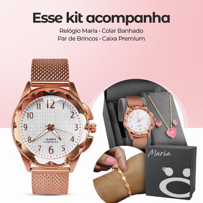 Imagem de Relogio feminino dourado prova dagua banhado + caixa + colar + pulseira Rose social moda coração