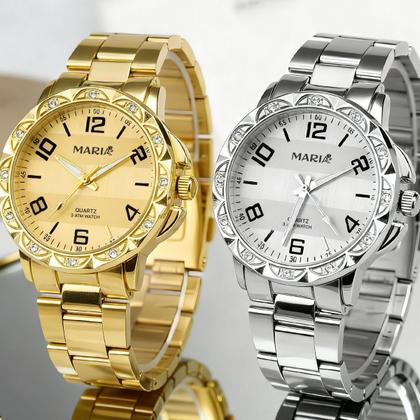 Imagem de Relogio feminino dourado prova dagua + relogio aço strass qualidade premium redondo combo casual presente original kit