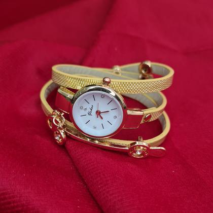 Imagem de Relogio Feminino Dourado Pulseira De Couro Bracelete Strass