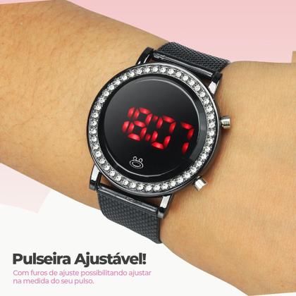 Imagem de Relogio feminino LED preto strass digital aço ajustavel presente social redondo casual