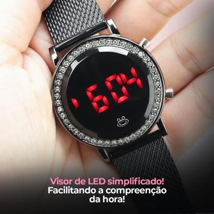 Imagem de Relogio feminino LED preto strass digital aço ajustavel presente social redondo casual