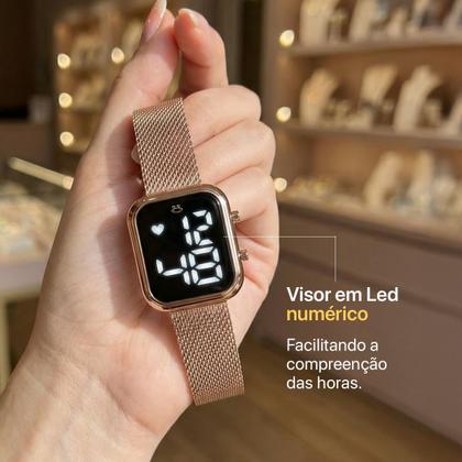 Imagem de relogio feminino led + pulseira + caixa + colar brinco casual social pulseira ajustável qualidade premium quadrado rose