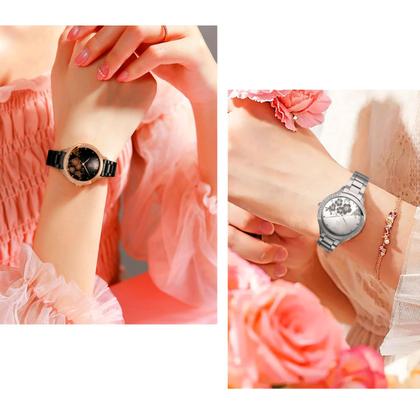 Imagem de Relógio Feminino Moda Casual Design Elegante Flores Pulseira em Aço Inoxidável 