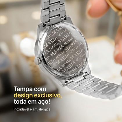 Imagem de Relogio Feminino Prata Aço Inox + Colar + Brincos analogico ponteiro prata presente social qualidade premium casual