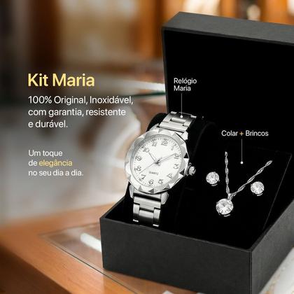 Imagem de Relogio Feminino Prata Aço Inox + Colar + Brincos analogico ponteiro prata presente social qualidade premium casual