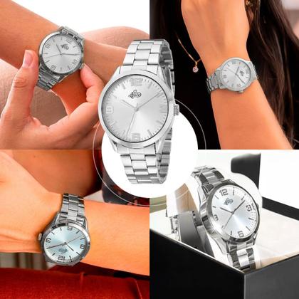 Imagem de Relógio Feminino Prata Aço Inox Pulseira + Colar + Caixa Premium