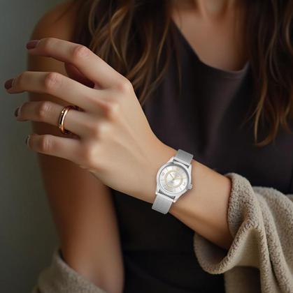 Imagem de Relógio Feminino Prata Analógico de Pulso Movimento Quartzo com Caixa e Pulseira de Aço Inoxidável À Prova D Água à Água Luxo Elegante Fashion Technos