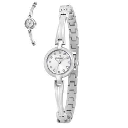 Imagem de Relógio Feminino Prata com Caixa e Pulseira de Aço Inoxidável com Resistência à Água e Aplicação de Cristais Mini Pequeno Luxo Fashion Champion
