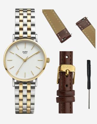 Imagem de Relógio Feminino Prata Dourado + Pulseira de Couro Marrom