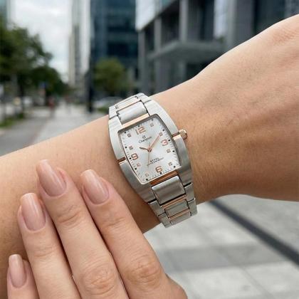 Imagem de Relógio Feminino Prata e Rosé Quadrado Pequeno com Caixa e Pulseira de Aço Inoxidável Luxo Elegante Fashion Casual Social Champion