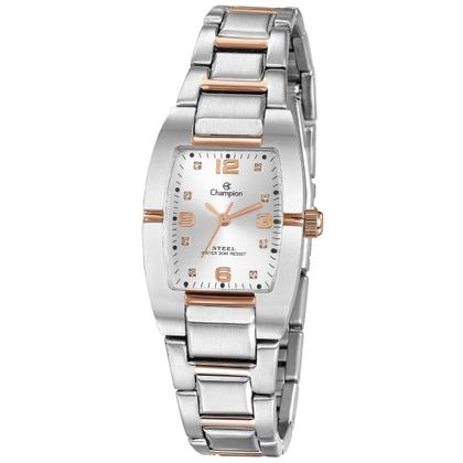 Imagem de Relógio Feminino Prata e Rosé Quadrado Pequeno com Caixa e Pulseira de Aço Inoxidável Luxo Elegante Fashion Casual Social Champion