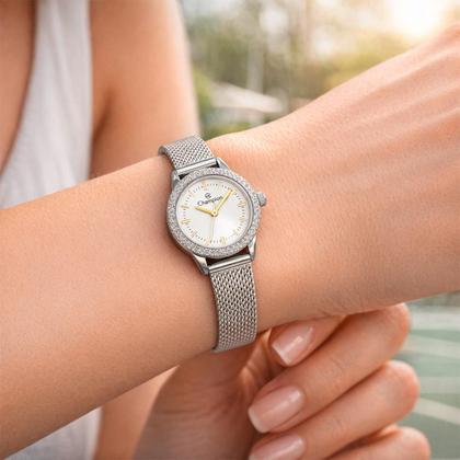 Imagem de Relógio Feminino Prata Pequeno Redondo com Caixa e Pulseira de Aço Inoxidável à Prova d Água Luxo Fashion Elegante Champion