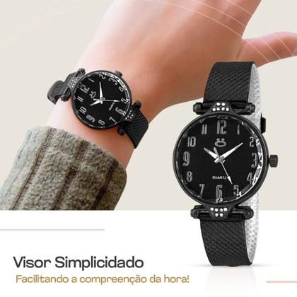 Imagem de Relogio Feminino Preto Aço + Brincos Coração Colar + Caixa presente ponteiro inoxidável silicone ajustavel black piano