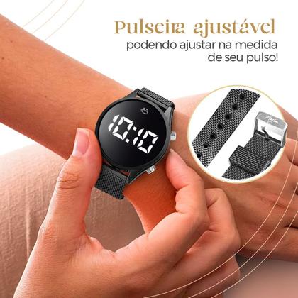 Imagem de Relogio feminino preto aço digital + caixa + colar + brincos academia pulseira ajustavel led presente black piano moda