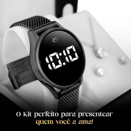 Imagem de Relogio feminino preto aço digital + caixa + colar + brincos academia pulseira ajustavel led presente black piano moda