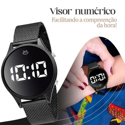 Imagem de Relogio feminino preto aço digital + caixa + colar + brincos academia pulseira ajustavel led presente black piano moda