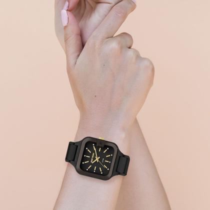 Imagem de Relógio Feminino Preto e Dourado Quadrado Analógico de Pulso com Pulseira de Silicone à Prova D Água Pequeno Delicado Fashion Luxo Elegante Mormaii