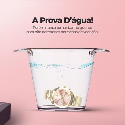 Imagem de relogio feminino prova dagua aço inox + colar ouro + caixa qualidade premium casual social dourado aço inoxidavel
