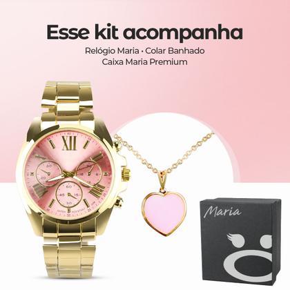 Imagem de relogio feminino prova dagua aço inox + colar ouro + caixa qualidade premium casual social dourado aço inoxidavel
