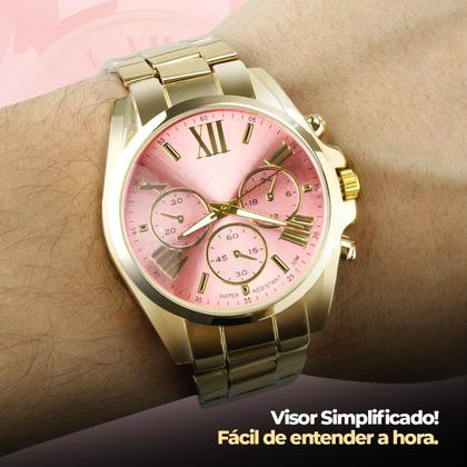 Imagem de relogio feminino prova dagua aço inox + colar ouro + caixa qualidade premium casual social dourado aço inoxidavel