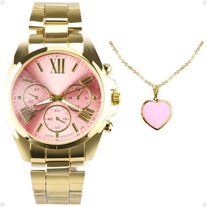 Imagem de relogio feminino prova dagua aço inox + colar ouro + caixa qualidade premium casual social dourado aço inoxidavel