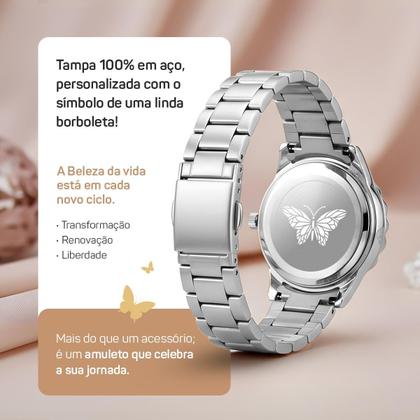 Imagem de relogio feminino prova dagua aço prata + pulseira + caixa resistente presente social moda original qualidade premium