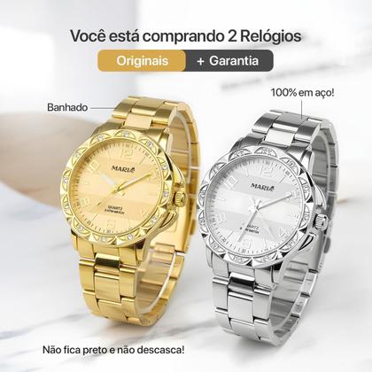 Imagem de Relogio feminino prova dagua banhado + relogio aço strass social casual qualidade premium original resistente combo kit