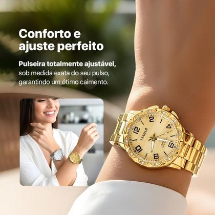 Imagem de Relogio feminino prova dagua banhado + relogio aço strass social casual qualidade premium original resistente combo kit