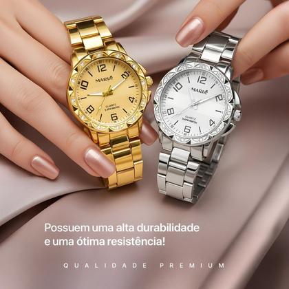 Imagem de Relogio feminino prova dagua banhado + relogio aço strass social casual qualidade premium original resistente combo kit