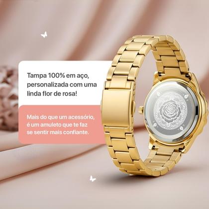 Imagem de Relogio feminino prova dagua banhado + relogio aço strass social casual qualidade premium original resistente combo kit