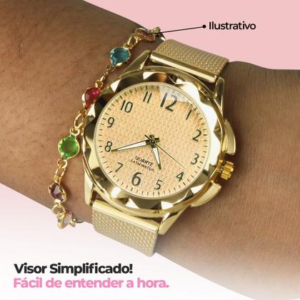 Imagem de relogio feminino prova dagua dourado + relogio aço silicone social casual original resistente qualidade premium presente