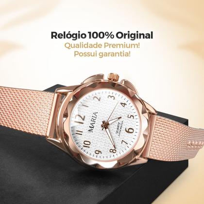 Imagem de relogio feminino prova dagua + oculos protecao uv + caixa marrom rose acetato ajustavel social original banhado silicone