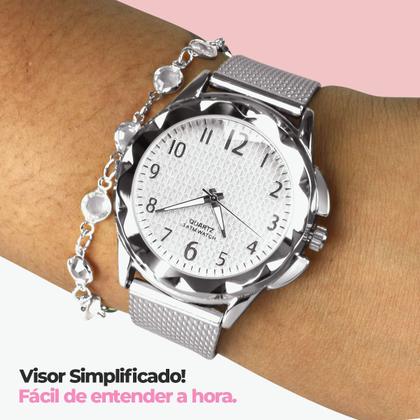 Imagem de relogio feminino prova dagua prata pulseira + brinco colar casual silicone caixa original moda prateado ajustavel