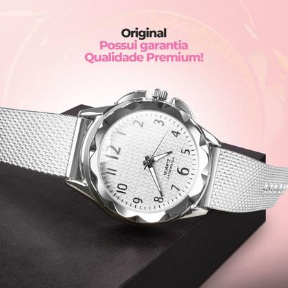 Imagem de relogio feminino prova dagua prata pulseira + brinco colar casual silicone caixa original moda prateado ajustavel