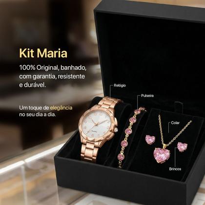 Imagem de relogio feminino prova dagua rose + brinco + caixa + colar qualidade premium moda casual original resistente social