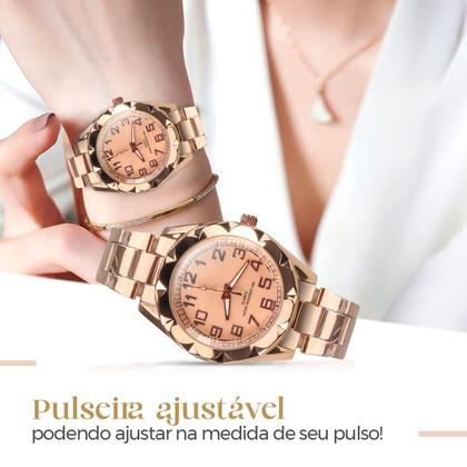 Imagem de relogio feminino prova dagua rose + caixa + brincos + colar casual qualidade premium moda inoxidável presente social