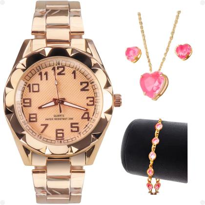 Imagem de relogio feminino prova dagua rose + caixa + brincos + colar casual qualidade premium moda inoxidável presente social