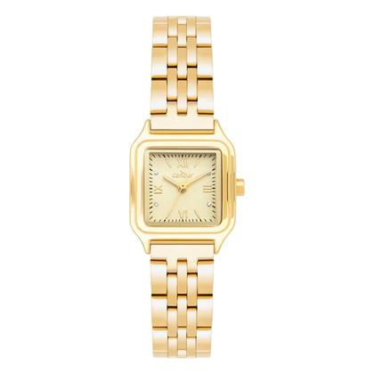 Imagem de Relógio Feminino Quadrado Dourado com Caixa e Pulseira de Aço Inoxidável com Aplicação de Cristais e Resistência à Água Pequeno Fashion Condor