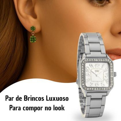 Imagem de Relogio Feminino Quadrado Pequeno + Colar Brincos Tendencia