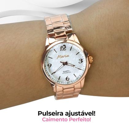 Imagem de Relogio feminino qualidade aço premium + pulseira banhado inoxidavel casual rose analogico original social presente