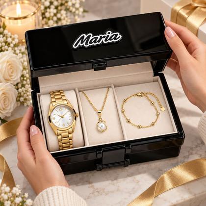 Imagem de Relogio Feminino Resistente + Colar Ponto Luz + Pulseira presente qualidade premium caixa premium aço inoxidável dourado