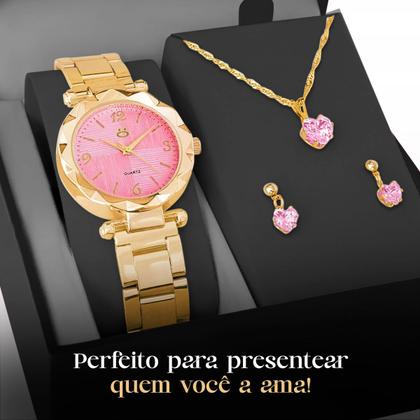 Imagem de Relogio Feminino Rosa Aço + Brincos + Colar Strass + Caixa presente qualidade premium delicado garantia social original
