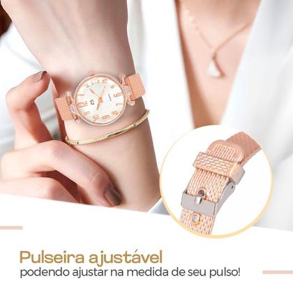 Imagem de Relogio feminino rose aço + colar brinco coração + caixa original presente qualidade premium social banhado inoxidável