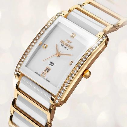 Imagem de Relógio Feminino Technos Cerâmica Safira Branco Dourado Luxo